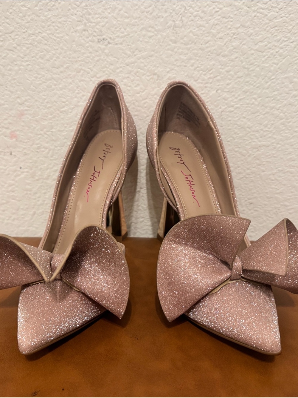 Betsey Johnson Rose Gold Glitter Pointed-Toe Pumps with Bow
